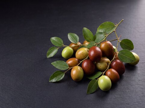 Fresh buah bidara Indian jujube cluster with serrated leaves on dark background