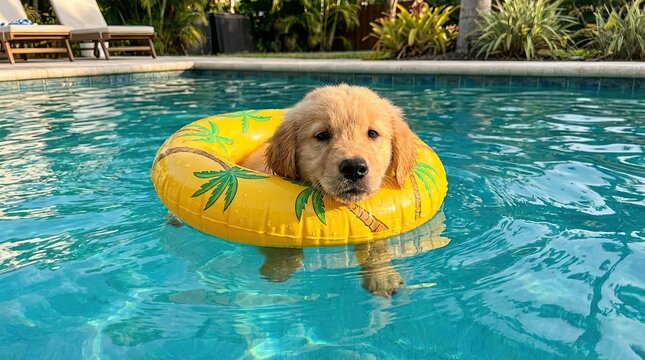 Golden retriever puppy floating in backyard swimming pool