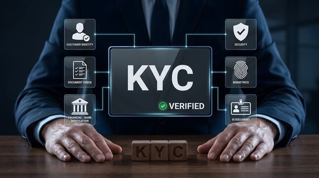 KYC verification concept with businessman. Know Your Customer digital interface showing security identity and compliance icons