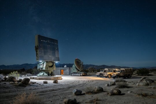 Military radar system stationed in a desert landscape under a starry night sky