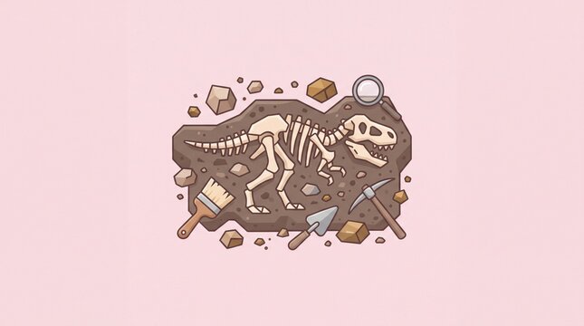 Prehistoric Dinosaur Fossil Icon with Excavation Tools Rocks and Archaeology Elements on Pastel Background for Paleontology History Science Education and Discovery