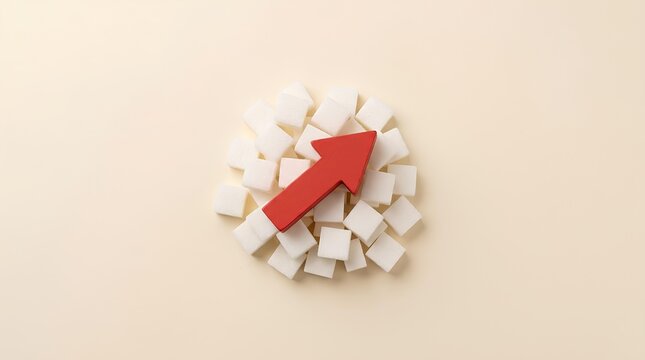 Red arrow rising through white sugar cubes group.