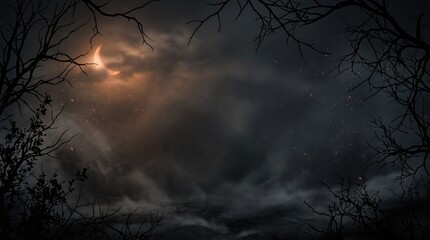 Obraz premium Halloween background dark night spooky forest with crescent moon eerie fog and creepy dead trees