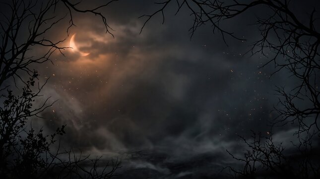 Halloween background dark night spooky forest with crescent moon eerie fog and creepy dead trees