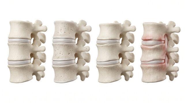 Medical 3D render showing progression from healthy vertebrae to disc degeneration and bone spurs.
