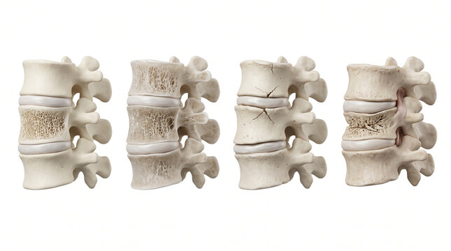 3D medical illustration depicting stages of bone density loss, vertebral fractures, and spinal degeneration on a white background.
