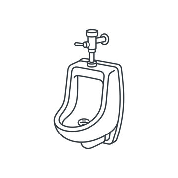 Minimal line art urinal icon, black and white restroom plumbing fixture vector illustration, outline bathroom symbol for signage, UI and web app