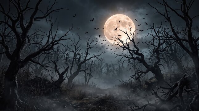 Spooky Halloween forest background with full moon and flying bats at night