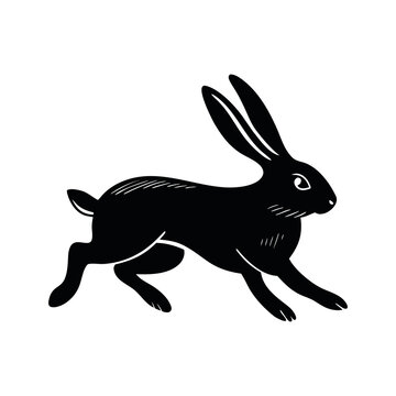 Black silhouette of a running rabbit isolated on a white background