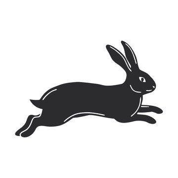 Black silhouette of a running rabbit isolated on a white background