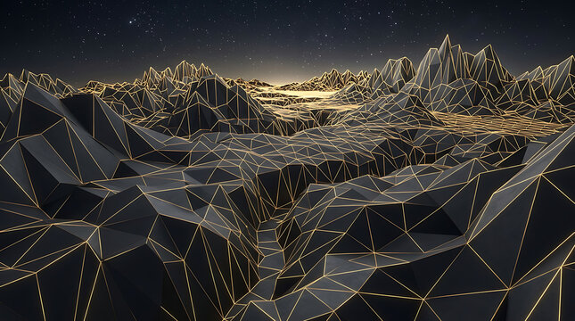 Abstract low poly mountain landscape with glowing golden wireframe mesh at night