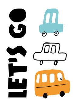 Cute little cars, truck. Cartoon cars adventures. Doodle hand drawn vector illustrations isolated on white background
