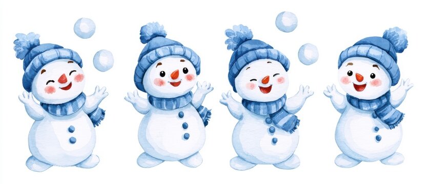 Cute watercolor illustration of a happy snowman juggling snowballs and waving, four different poses in a horizontal row, character sheet, isolated on a white background, soft colors, children's book