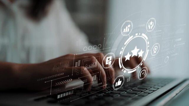 User interacting with digital interface on a laptop, showcasing analytics, feedback, and performance indicators in a modern workspace environment. Entropy.