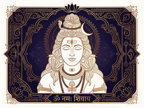 Lord Shiva line art illustration with spiritual symbols and text