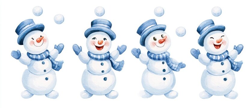 Cute watercolor illustration of a happy snowman juggling snowballs and waving, four different poses in a horizontal row, character sheet, isolated on a white background, soft colors, children's book