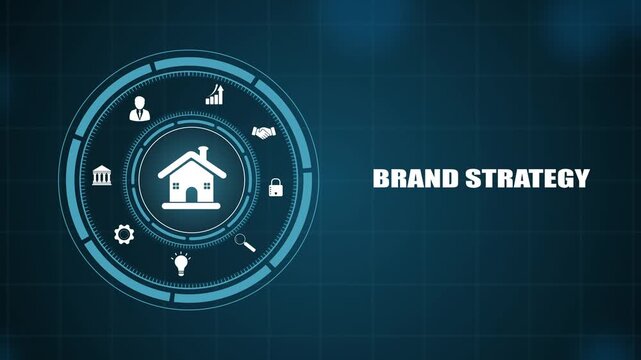 Brand strategy technology concept with futuristic circular hud interface, digital identity marketing and corporate connection network, visual modern graphics animation
