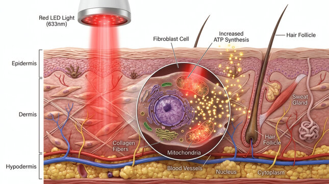Red light therapy penetrating skin layers and stimulating cellular ATP synthesis process.