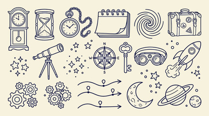 Collection of hand-drawn icons representing time, space, and exploration, including clocks, telescopes, rockets, and celestial bodies. © indira