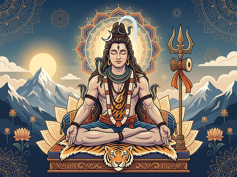 Lord Shiva meditating on tiger skin in Himalayas