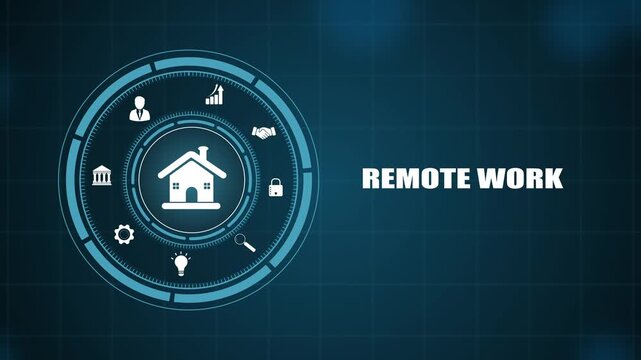 Remote work technology concept with futuristic circular hud interface, digital smart home and business connection network, visual modern telemetry graphics animation