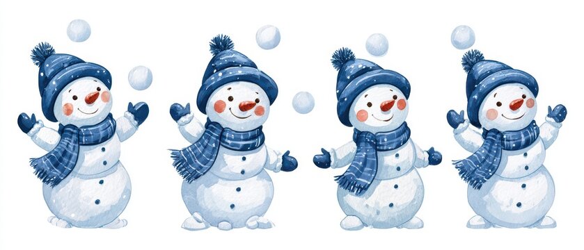 Cute watercolor illustration of a happy snowman juggling snowballs and waving, four different poses in a horizontal row, character sheet, isolated on a white background, soft colors, children's book