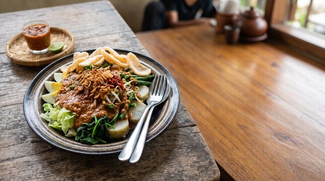 Authentic Indonesian Lotek Vegetable Salad with Rich Peanut Sauce on Wooden Table