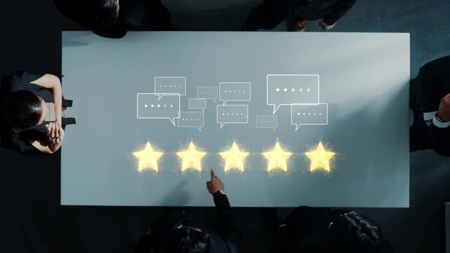 Aerial view of professionals engaged in a meeting at a conference table. The scene captures star ratings and feedback communication, embodying collaboration and strategy. Raster