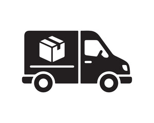 Fototapeta premium Delivery van icon carrying a package box illustrates fast shipping, freight transport, logistics, distribution, and courier service.