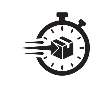 Stopwatch timer icon with a fast moving package arrow illustrates express shipping, quick parcel delivery, and logistics speed.