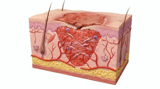 Cross section of human skin showing wound healing and tissue regeneration process