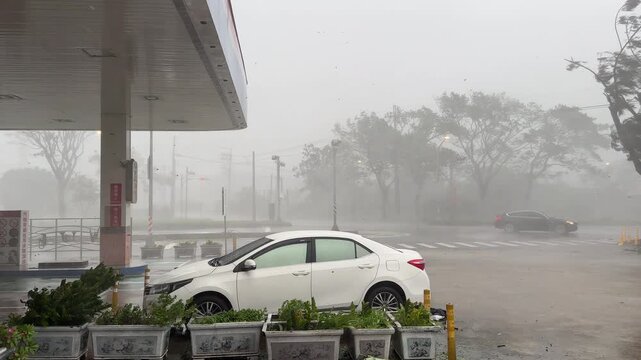 Cars Drive In Dangerous Hurricane Wind And Rain