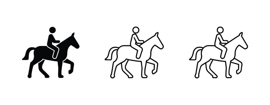 Equestrian Rider Walking With Horse Icons featuring horseback riding, horse handling, outdoor recreation, training, and equestrian sports symbols