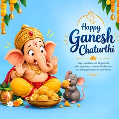 Fototapeta premium Happy Ganesh Chaturthi festive greeting card with cute baby Ganesha and mouse