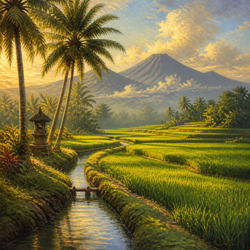 Traditional Balinese Subak Rice Fields with Coconut Trees, Bali Indonesia, Fine Art Painting