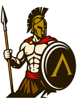 Spartan warrior stands ready with a bronze spear and classic round lambda shield.