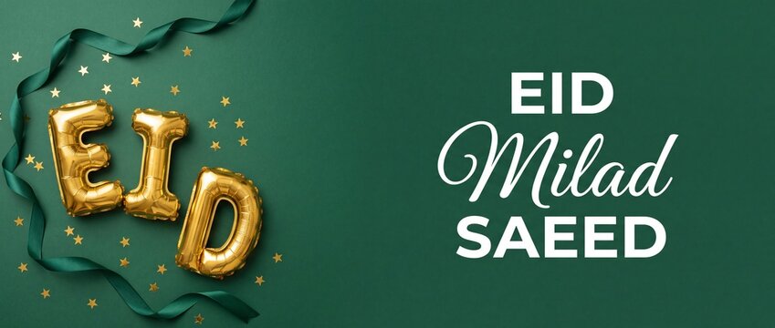 Eid Milad Saeed Mubarak Decoration with Gold Balloons on Green Banner Top View Flat Lay Background for Islamic Celebration Holiday Greeting Card Poster Typography Copy Space Festive Template Layout