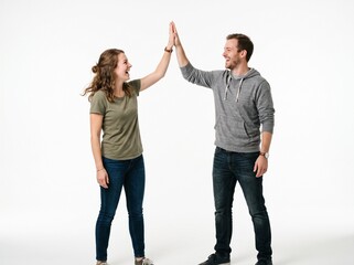 Obraz premium Happy young couple giving a high five to each other isolated on white background