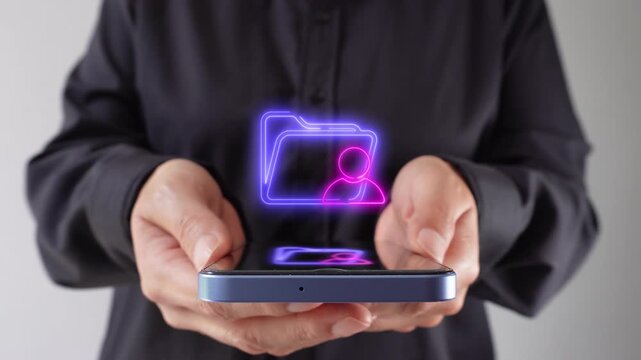 Personal profile. Businesswoman with a smartphone displaying a virtual folder icon featuring a personal avatar.