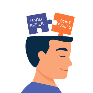 Two pieces between Hard VS Soft Skills on human head. Idea Development, Multiple Intelligences Vector Illustration