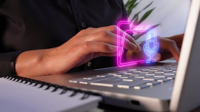 Audio management. Close-up of a businesswoman's hands typing on her laptop, featuring a virtual icon of a folder with a microphone.
