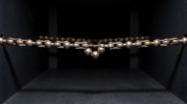 A taut metallic chain suspended in darkness dips under unseen pressure, serving as a powerful metaphor for tension, endurance, and the breaking point of structural resilience.
