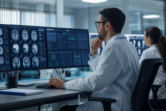 Radiology Specialist Interpreting Digital Brain Imaging and Clinical Analytics on Multi Monitor Workstations to Support Accurate Diagnosis and Coordinated Hospital Care