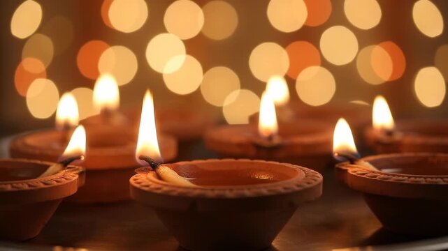 Background with bright colorful clay diya lamps for diwali festival celebration