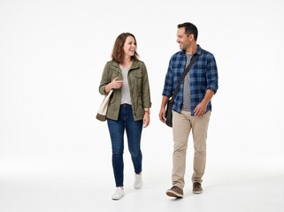 Fototapeta premium Happy couple walking and talking together isolated on white background