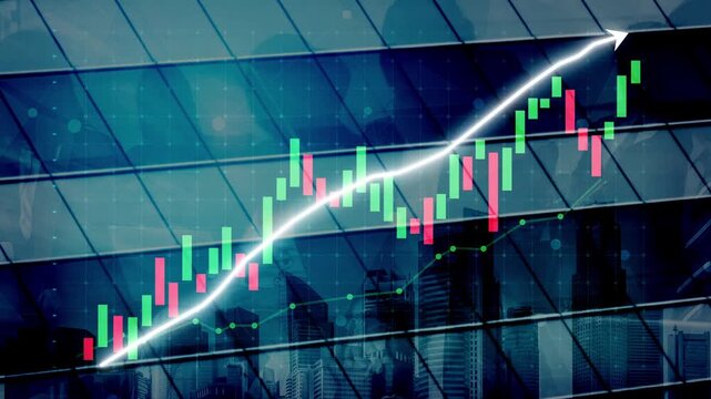 This image depicts an abstract representation of stock market growth using a candlestick chart overlaying a modern building, symbolizing investment success. Copula