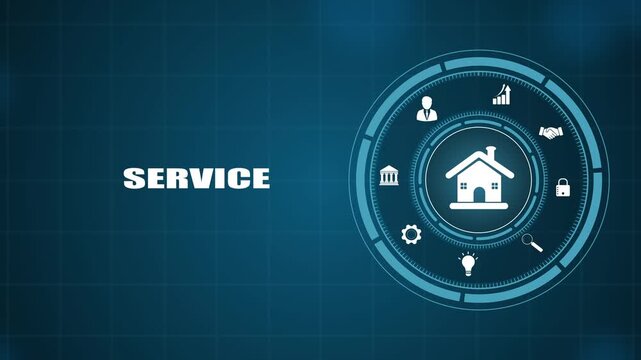 Comprehensive real estate service dashboard, innovative home buying process and property management hud, futuristic digital housing solutions video loop.