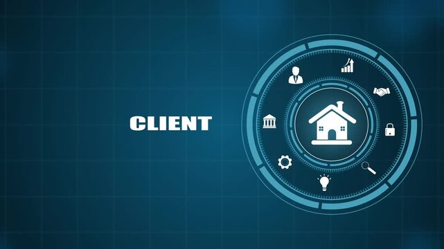 Real estate client concept with housing HUD icon on dark background, high tech digital property customer network visual, smart home business system graphic