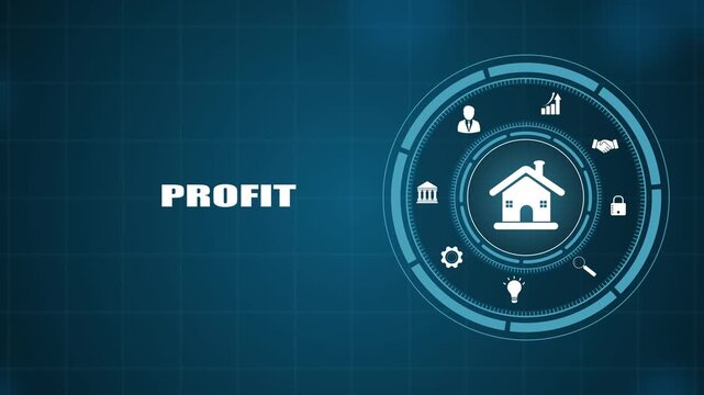 Real estate profit concept with housing HUD icon on dark background, high tech digital property investment visual, smart home business network graphic