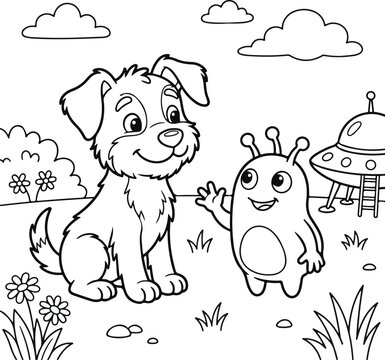 Cute puppy meeting a friendly alien with a spaceship